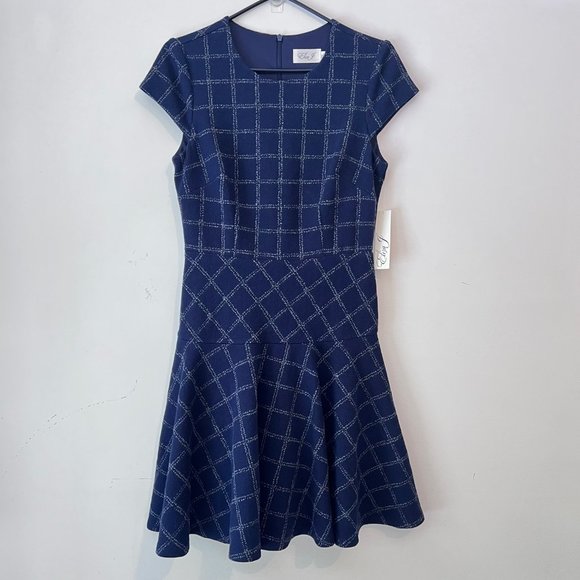 NEW! Eliza J Windowpane Cotton Blend Fit-& Flare Navy blue Dress, size 6 - Picture 3 of 14
